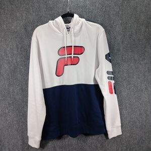 Fila Marzio Hoodie Mens Large White Blue Graphic Print Cotton Fleece Lined